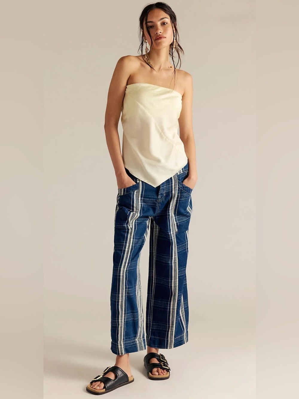 NWT Free People Rose Hall Low Slung Trousers size 26 Blue White - Picture 3 of 14